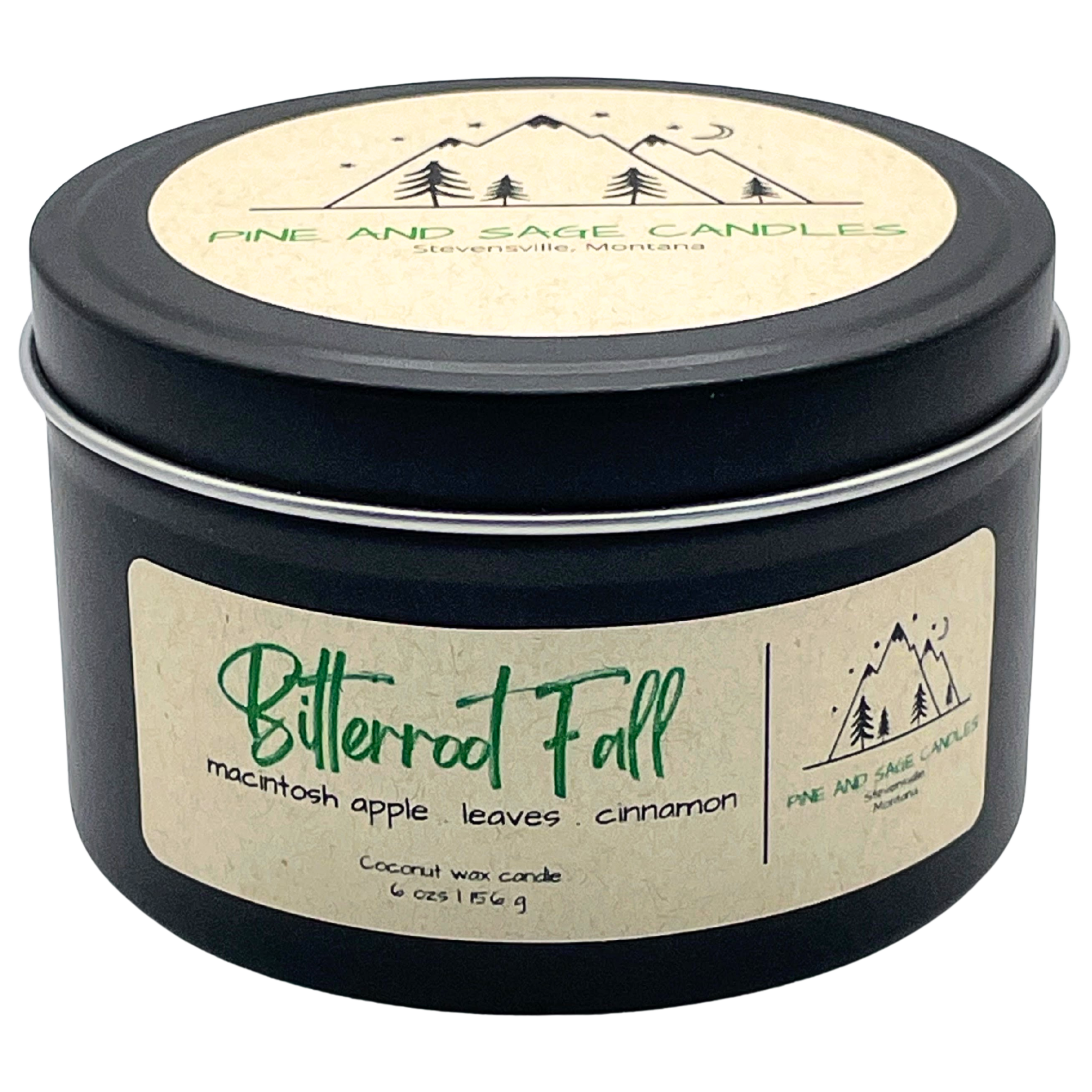 Pine and Sage Candles – wholesale Reseljus – Bitterroot Fall - 6 oz Svart Matt Ljusstake i Plåt2