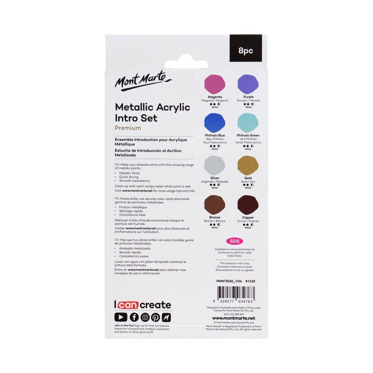 Mont Marte Usa, Inc. - Wholesale Acrylic Paint - Metallic Acrylic Paint Intro Set Premium 8pc x 18ml (0.6oz)1