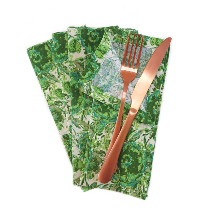 90 West Linen Co. - Wholesale Dinner & Cloth Napkin - Maximalist Green Floral Cloth Napkins, Set of 46