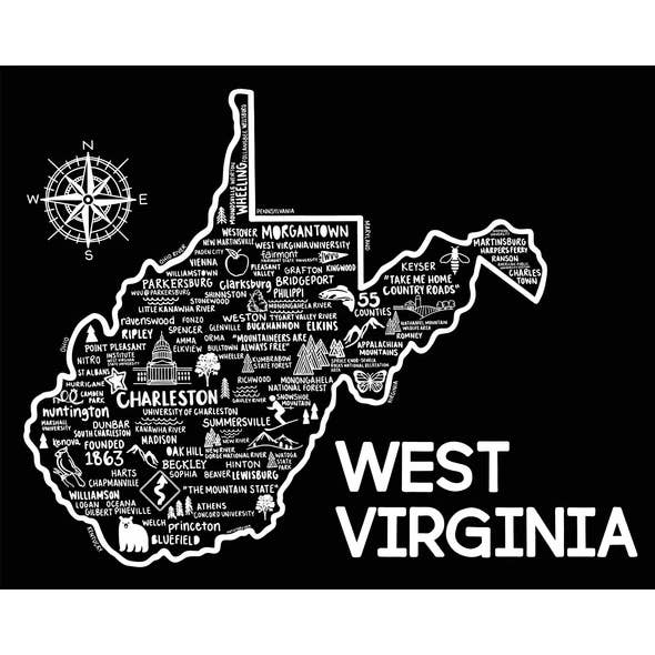 West Virginia Stampa Mappa Nero per la vendita all'ingrosso da parte di Whereabouts Shop
