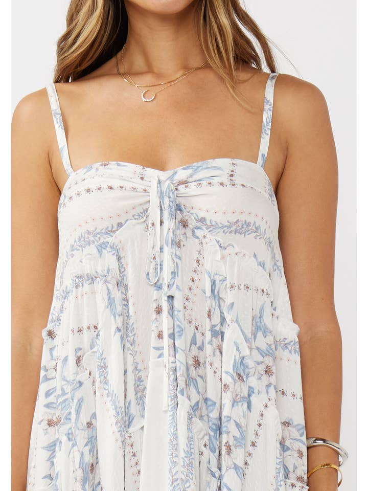 Creamy Dusty Blue Hi-Lo Spaghetti Strap Patchwork Ruffle Maxi Dress for wholesale on Faire3