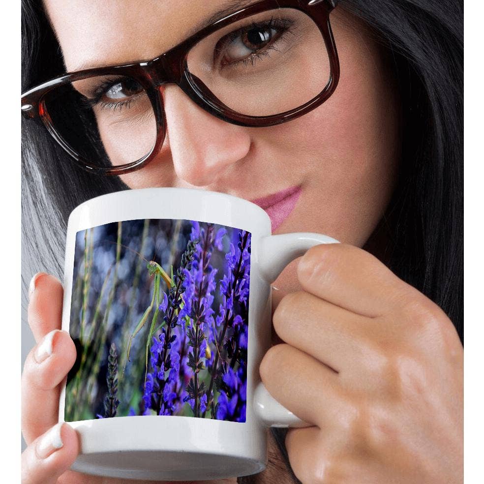 3dRose - Wholesale Coffee Mug - 3dRose, Praying Mantis sitting in blue flowers , Mug9