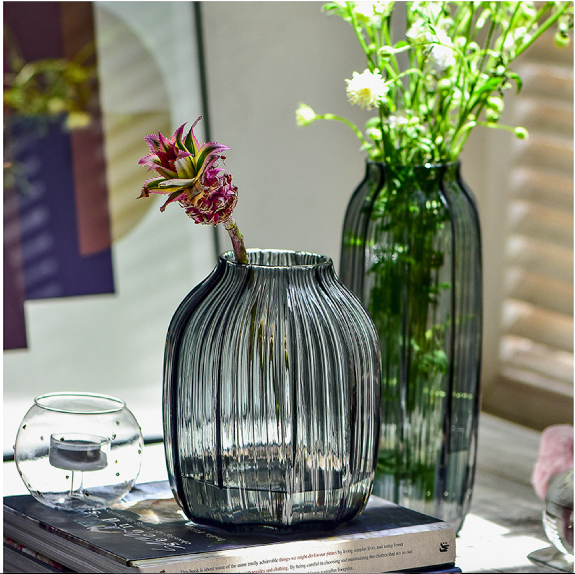 Noah Decoration - Vente Vases - Ensemble de vase moderne en verre bleu gris violet6