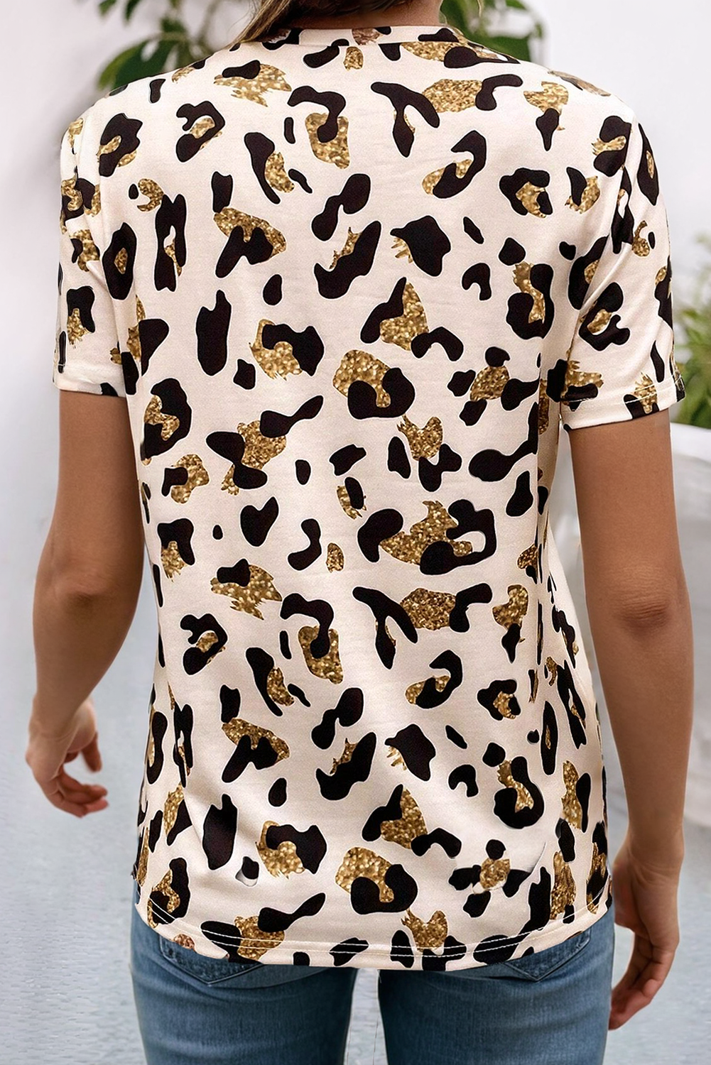 Apricot LDC Leopard Print Round Neck Casual T Shirt for wholesale on Faire2