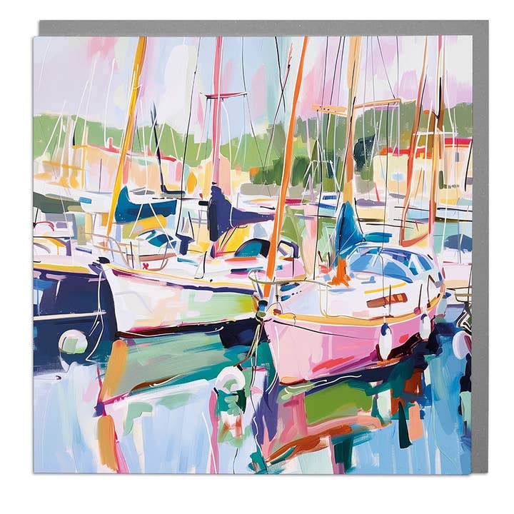 Boats in a Harbour Art Greeting Card – Lola Design for wholesale by Lola Design Ltd