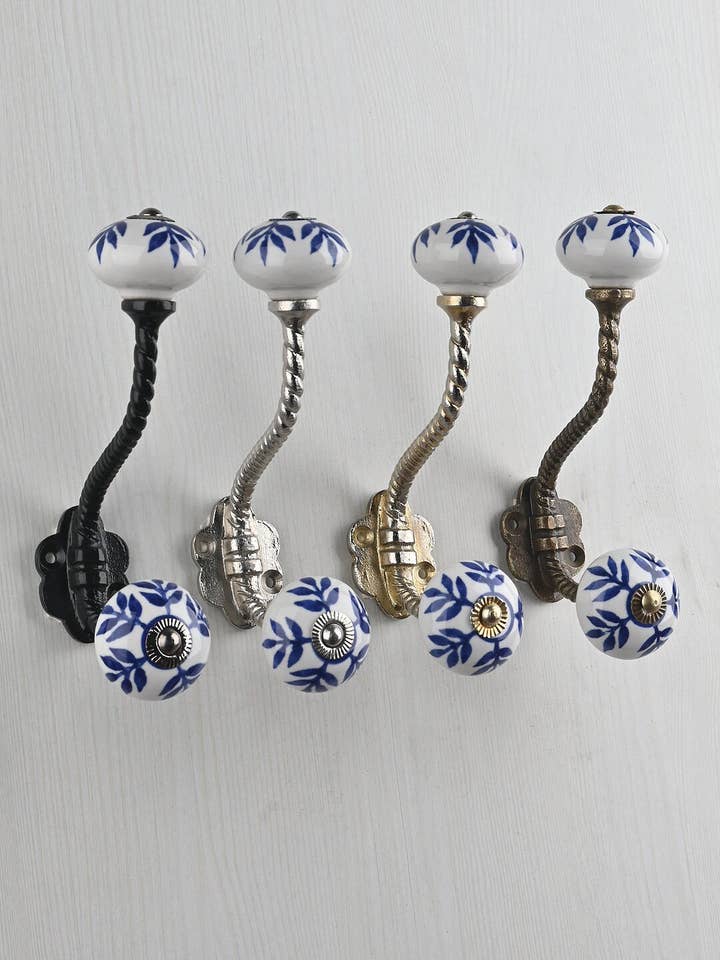 White & Blue Decorative Handmade Ceramic Blue Pottery Hanger| Vintage Wall Hooks| Metal Wall Hooks| Furniture Hardware Hooks| Bath Hooks for wholesale by KNOBCO