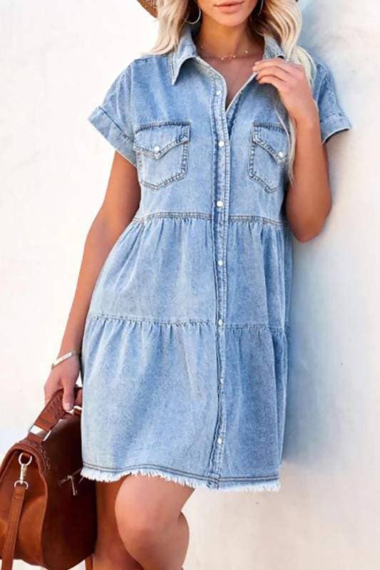 JEANS Vestido Curto de Ganga com Mangas Curtas e Camadas para venda a revendedores na Faire7