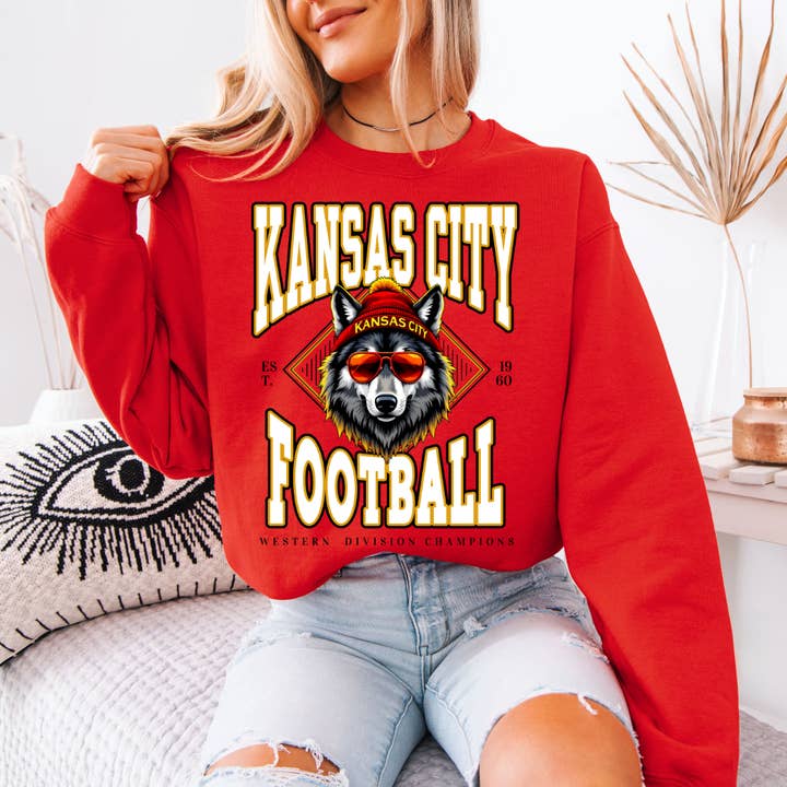 Kansas City Football KC Wolf On Red for wholesale by XO, Hannah