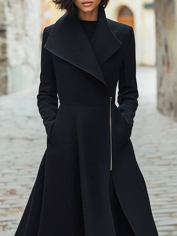 BLACK A-Line Long Sleeves Buttoned Pockets Solid Color Zipper Lapel Woolen Coat for wholesale on Faire1