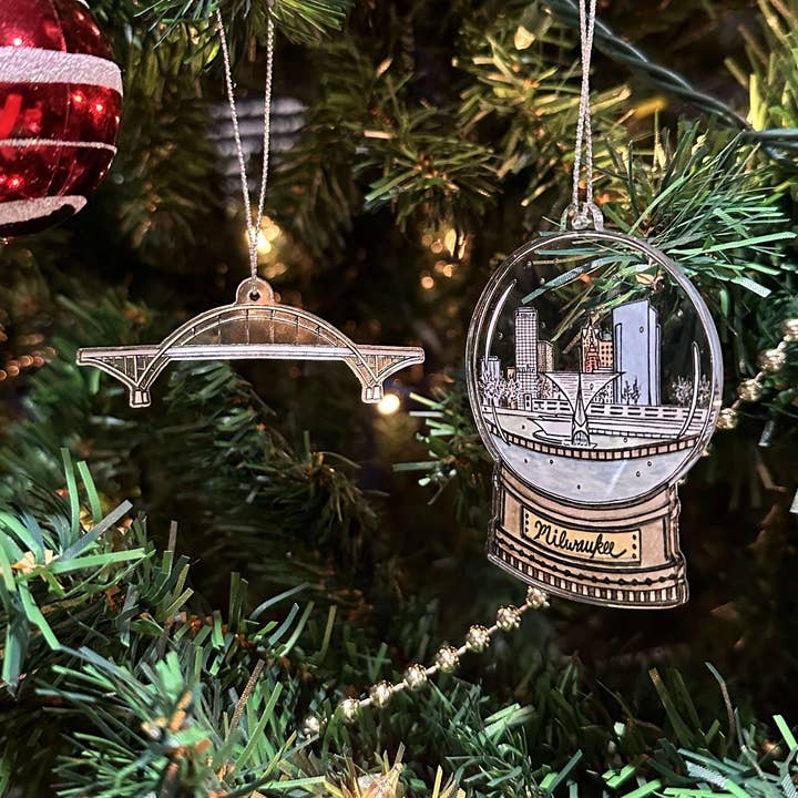 Milwaukee Snow Globe & Hoan Bridge Ornament Bundle for wholesale by Lynndale Print