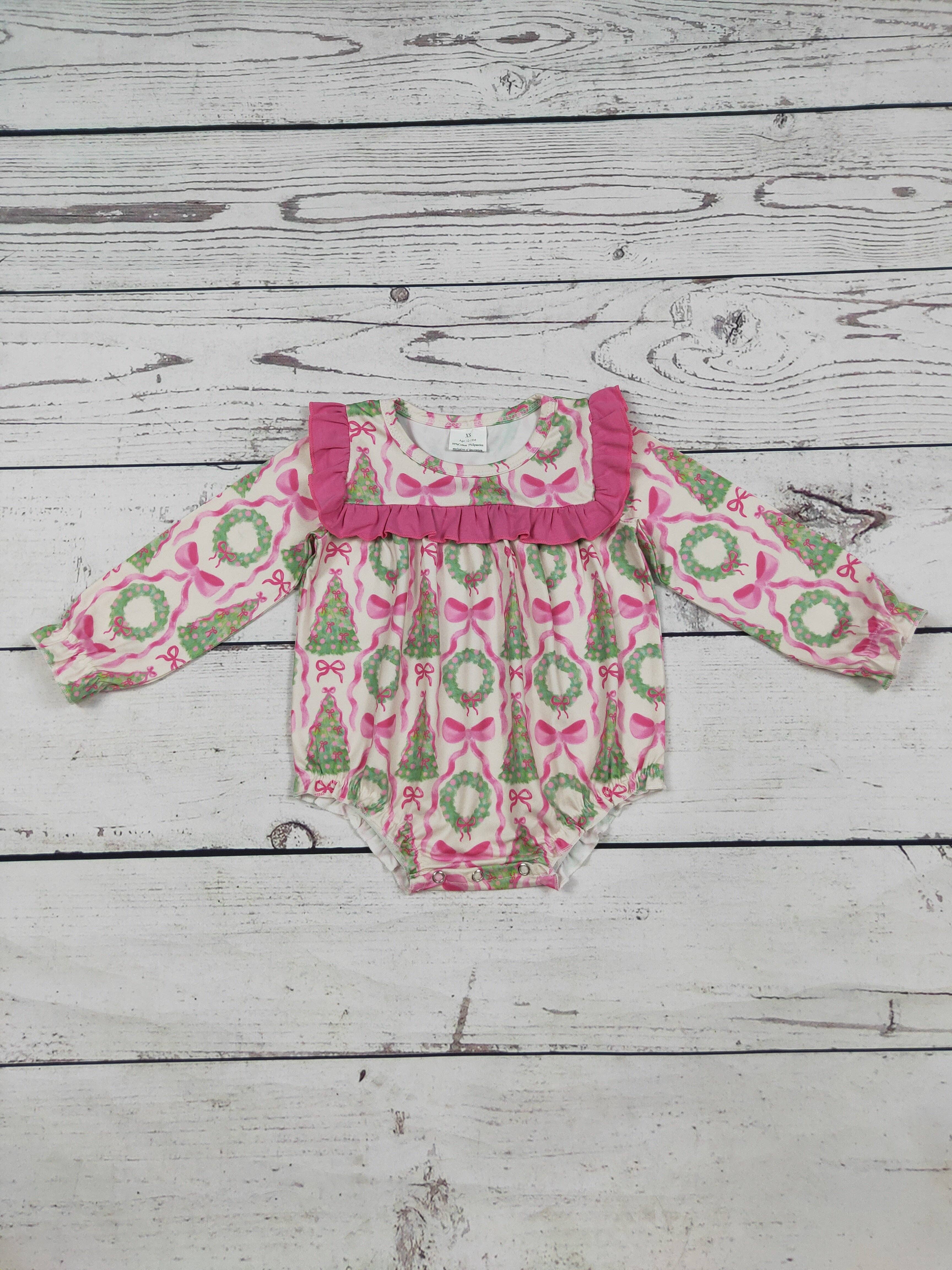 sassy kids palace - Wholesale Bodysuit (non-footed) – Baby - Pink Ruffle Bow Printed Christmas Baby Bubble