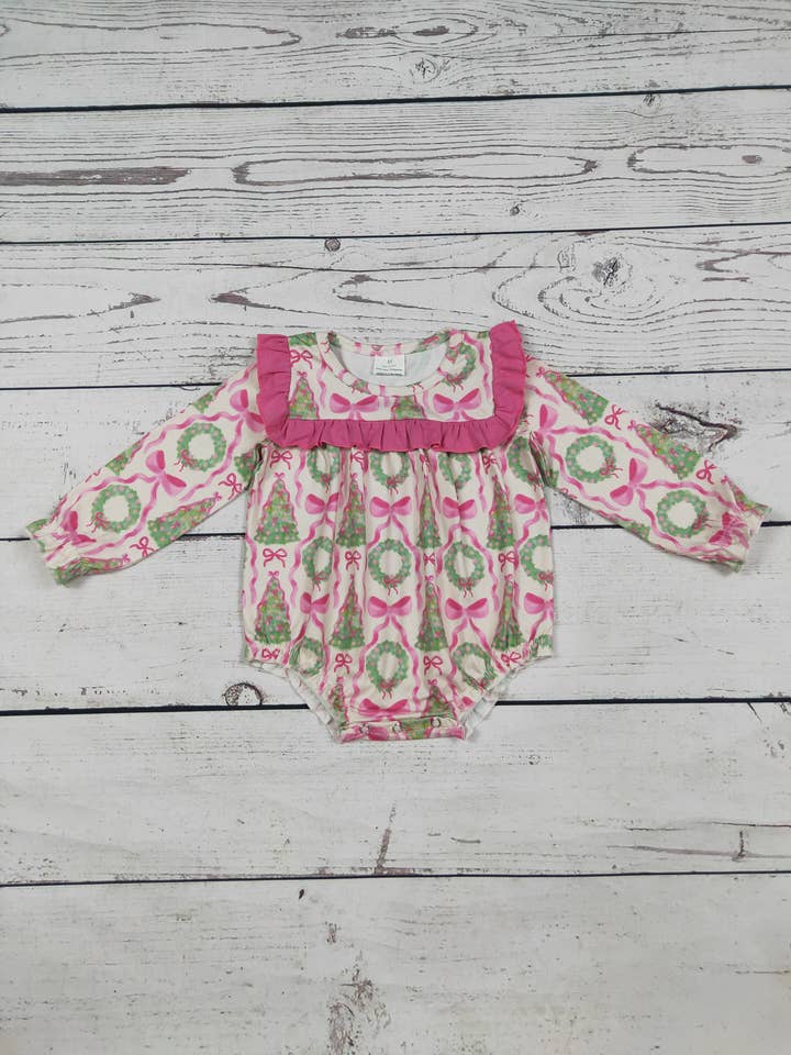 Pink Ruffle Bow Printed Christmas Baby Bubble for wholesale by sassy kids palace