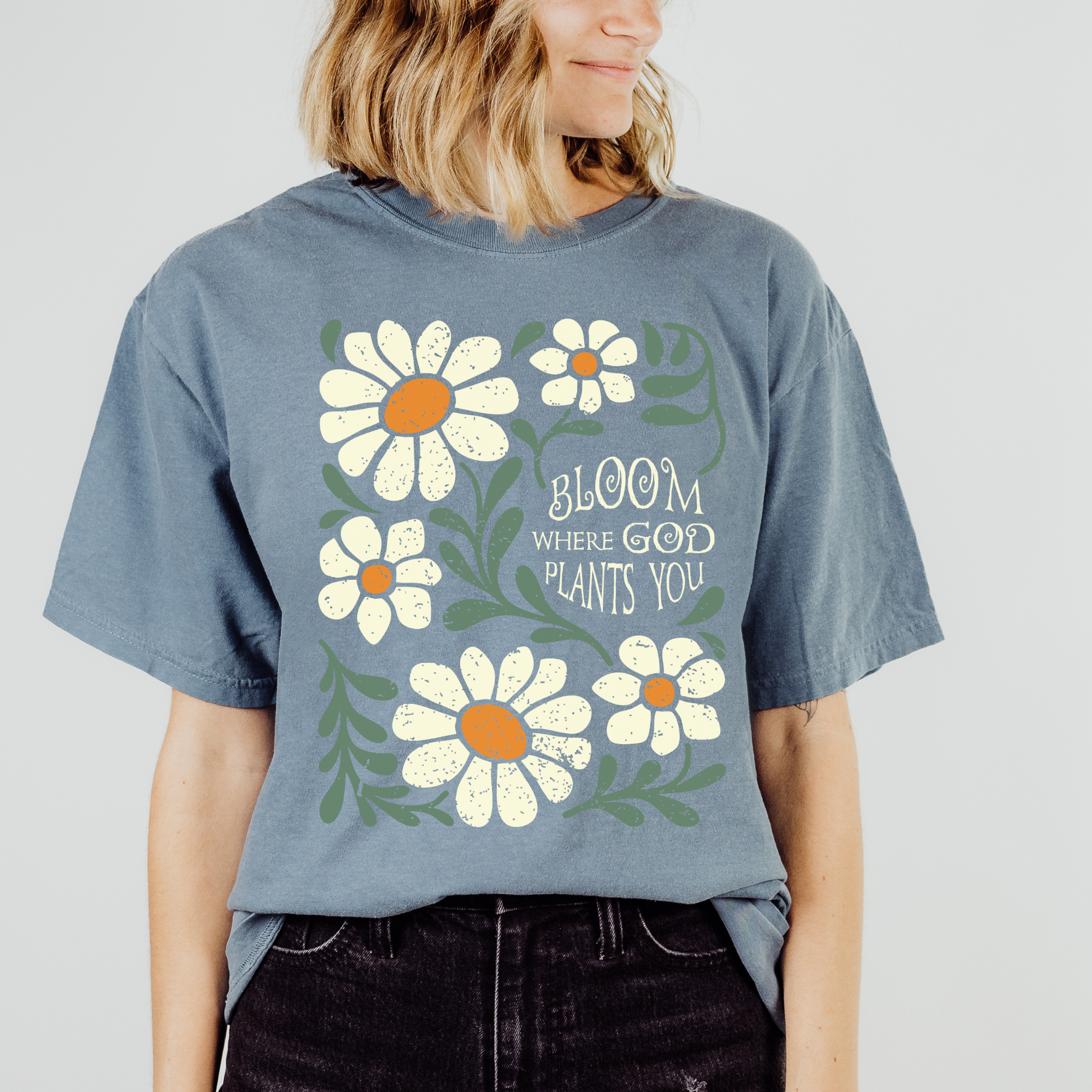 Scripted Pearl - Wholesale Screen Printed T-Shirt - Women's - Bloom Where God Plants You Comfort Colors Christian T Shirt10