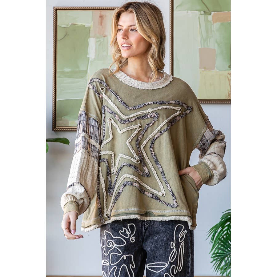 Oli&Hali – Engroshandel Sweatshirt - Dame – VASKET STJERNE PATCHWORK LANGÆRMET STRIKTRØJE1