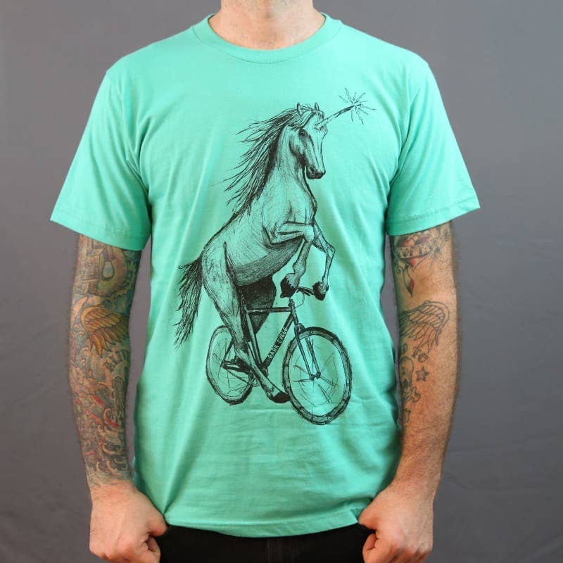 Dark Cycle Clothing - Wholesale Screen Printed T-Shirt - Unisex - Unicorn on A Bicycle Men's/Unisex Shirt4