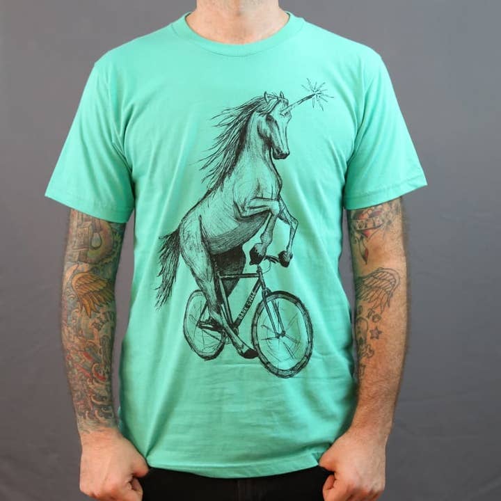 Dark Cycle Clothing - Wholesale Screen Printed T-Shirt - Unisex - Unicorn on A Bicycle Men's/Unisex Shirt4