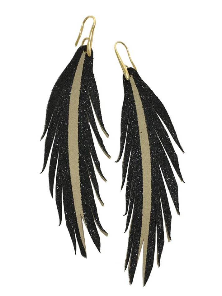 Short Feather Leather Earring - Black Glitter for wholesale by The Supply Society