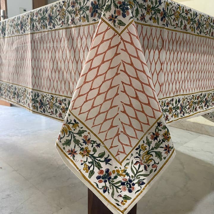 Burnt Orange and Fern Green Hand Block Print Table Cloth for wholesale by Fabricrush