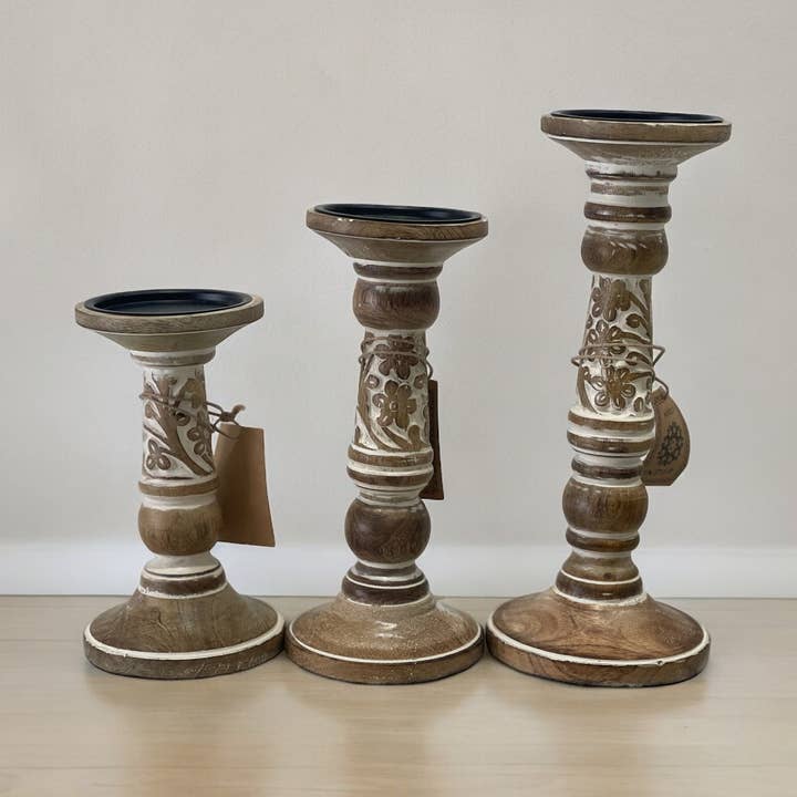 Natural Wood and White Finish Set/3 Candle Holder for wholesale on Faire0