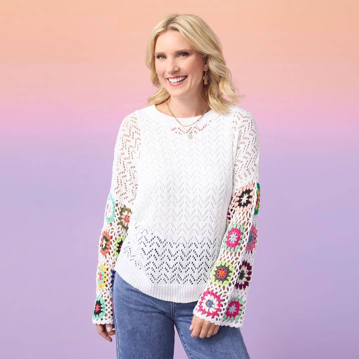 White Edie Lightweight Sweater with Crochet Sleeve for wholesale on Faire