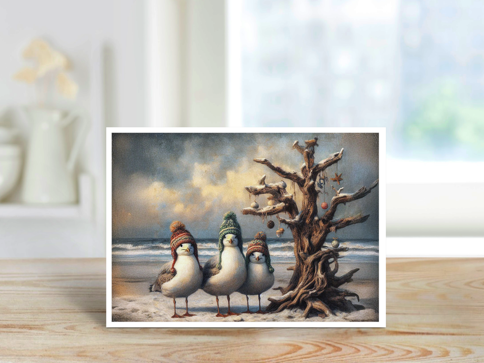 Salty Alyce – Großhandel Weihnachtskarte –  Treibholz-Weihnachtsbaum mit Möwen, Blankokarte, 161AS1