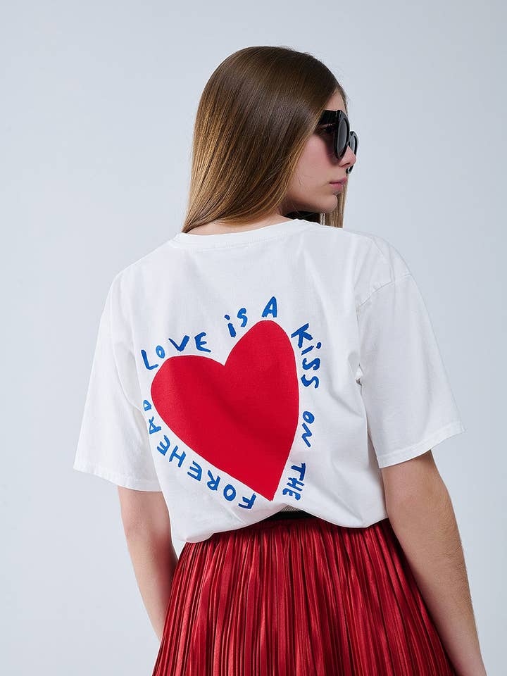 BLANC T-shirt blanc décontracté avec motif cœur devant et dos en vente sur Faire2