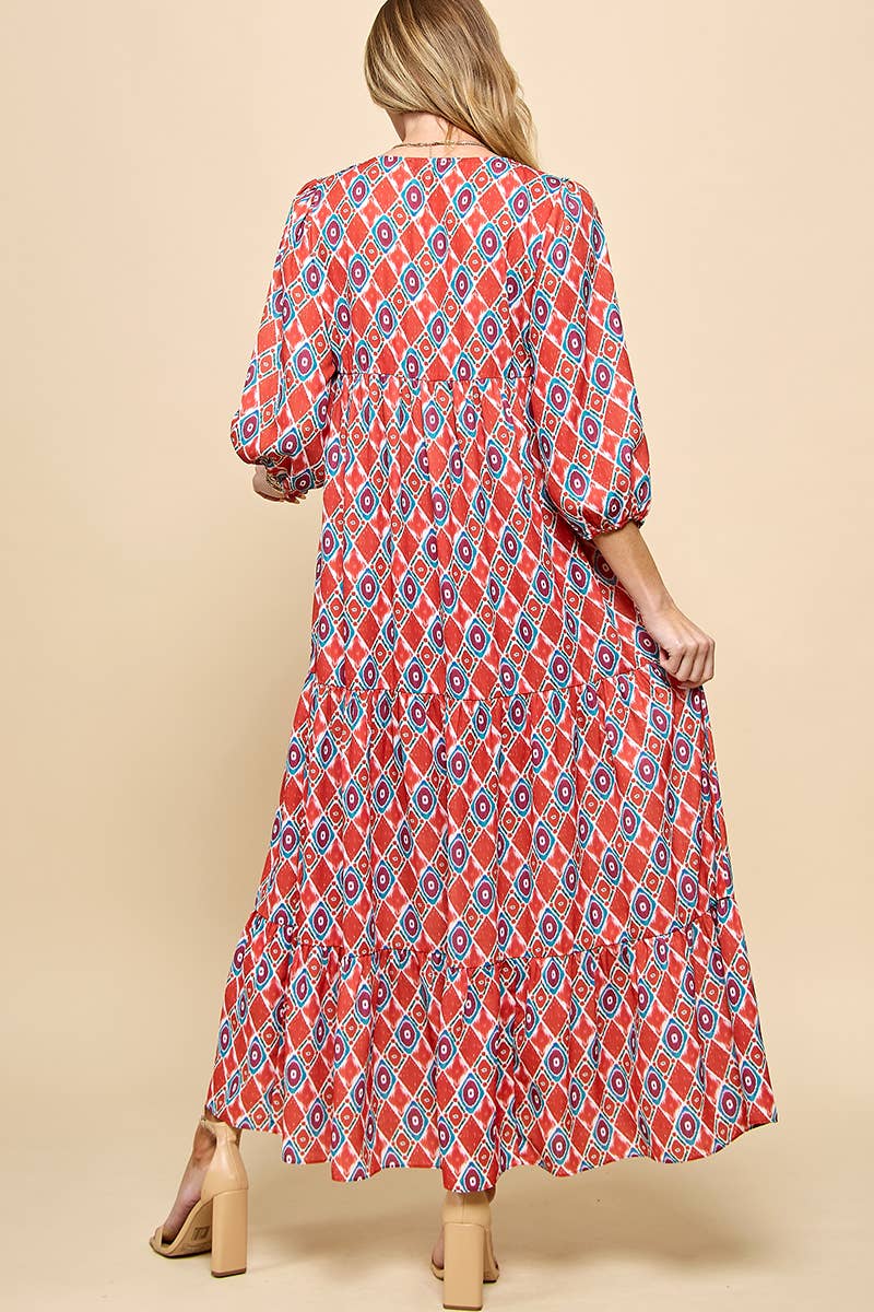 Cezele - Wholesale Dress - Women's - 3/4 Lantern Sleeve Print Boho Maxi Dress24