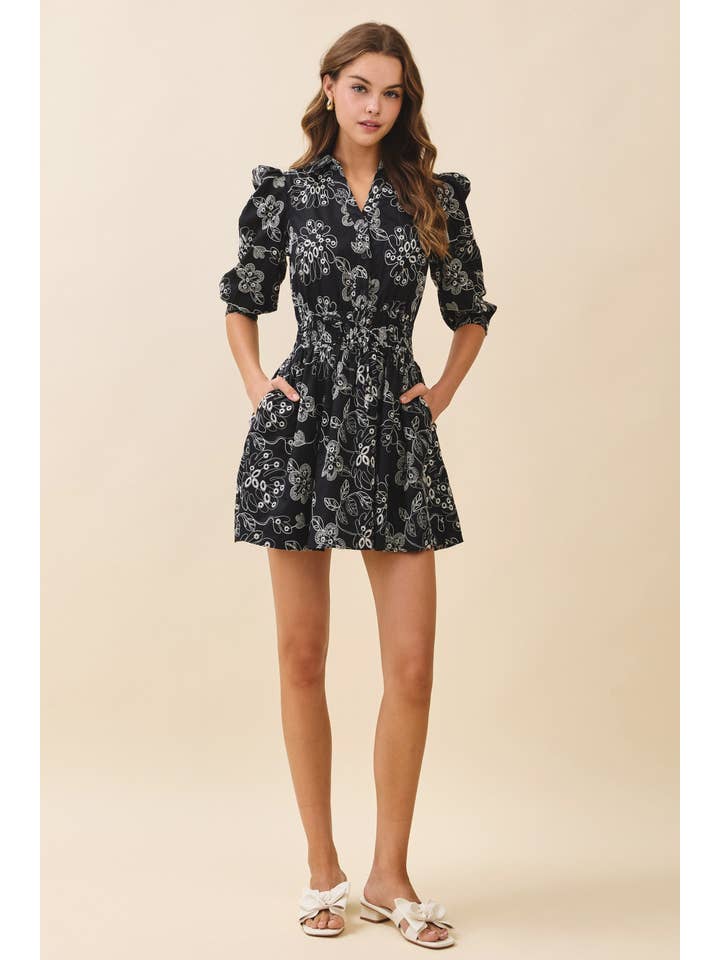 Black CD06298-Floral Print Collared Neck Elastic Waist Dress for wholesale on Faire4