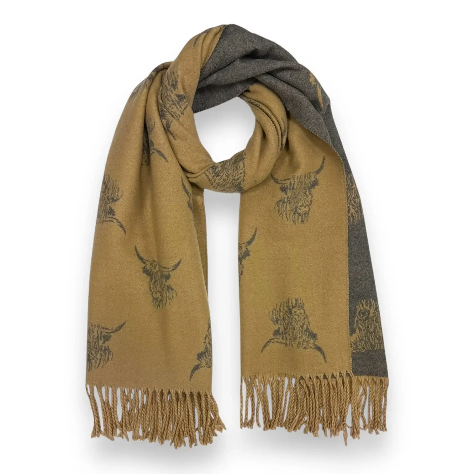 London Scarves - Wholesale Scarf - Women's - Highland cows on cashmere blend scarf finished with tassels1
