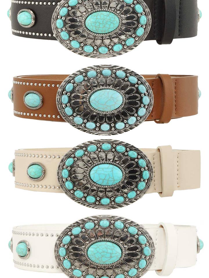 Western Oval Bohemia Turquoise Buckle Belt for wholesale by Pink Irene Wholesale