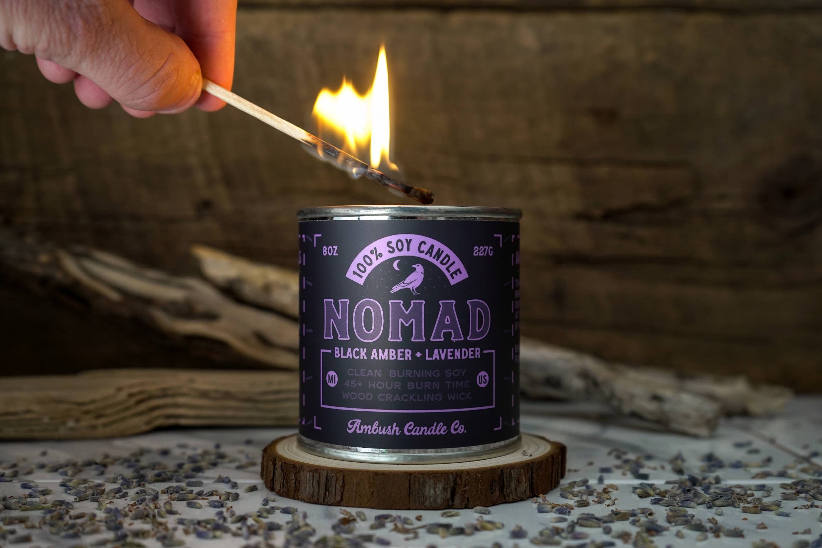 Ambush Candle Co. - Wholesale Jar/Filled Candle - Nomad | Amber + Lavender 8oz Soy Candle