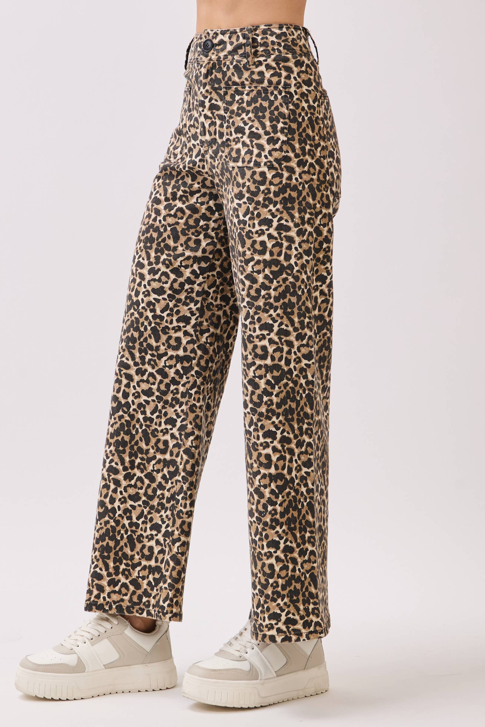 BROWN Stretch Twill Leopard Wide Leg Pants for wholesale on Faire14