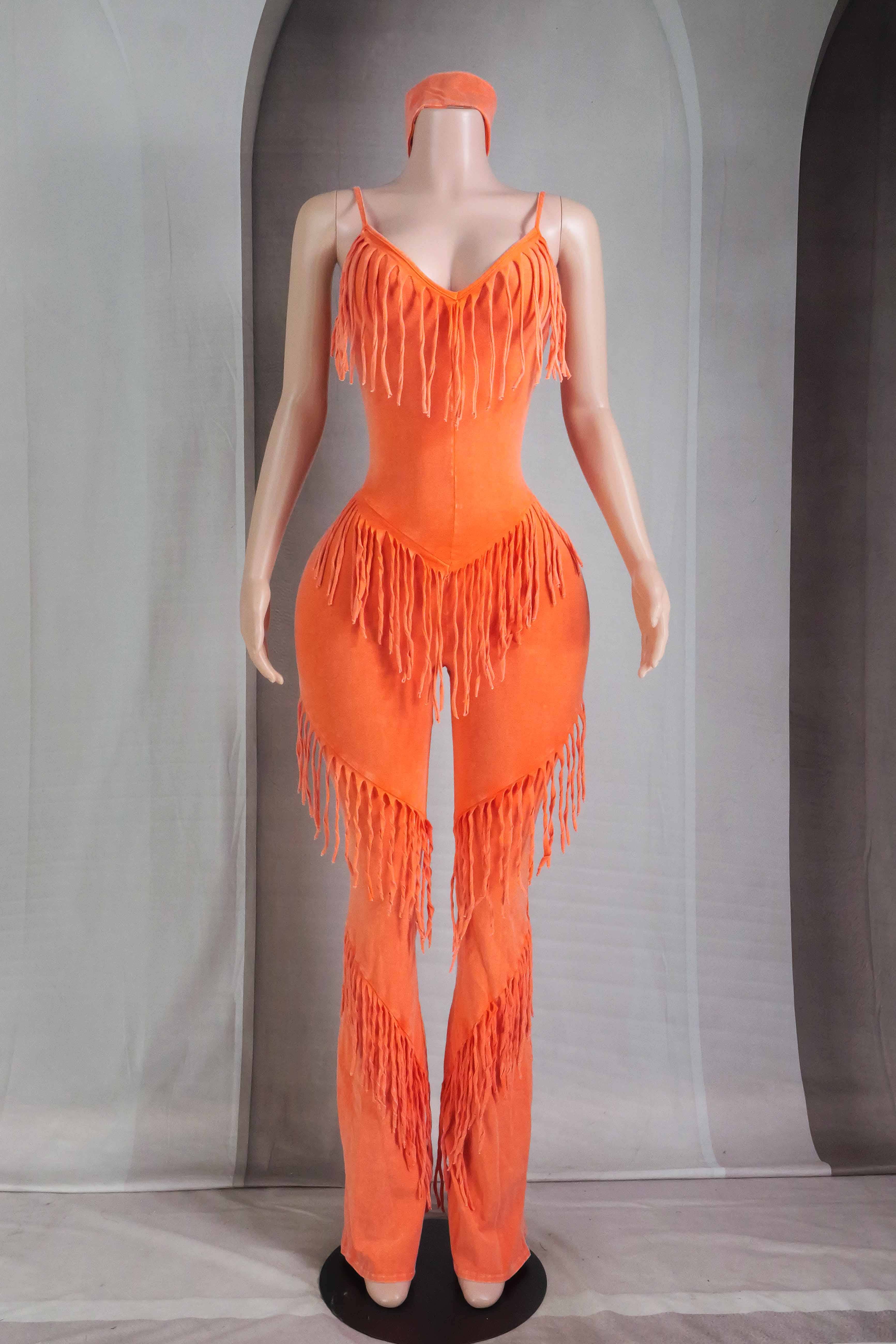 Orange Soda MINERAL WASH TIERED FRINGE JUMPSUIT WITH HEADBAND for wholesale on Faire1