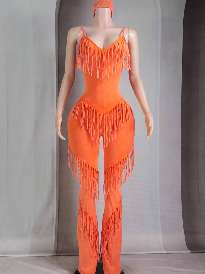 Orange Soda MINERAL WASH TIERED FRINGE JUMPSUIT WITH HEADBAND for wholesale on Faire1