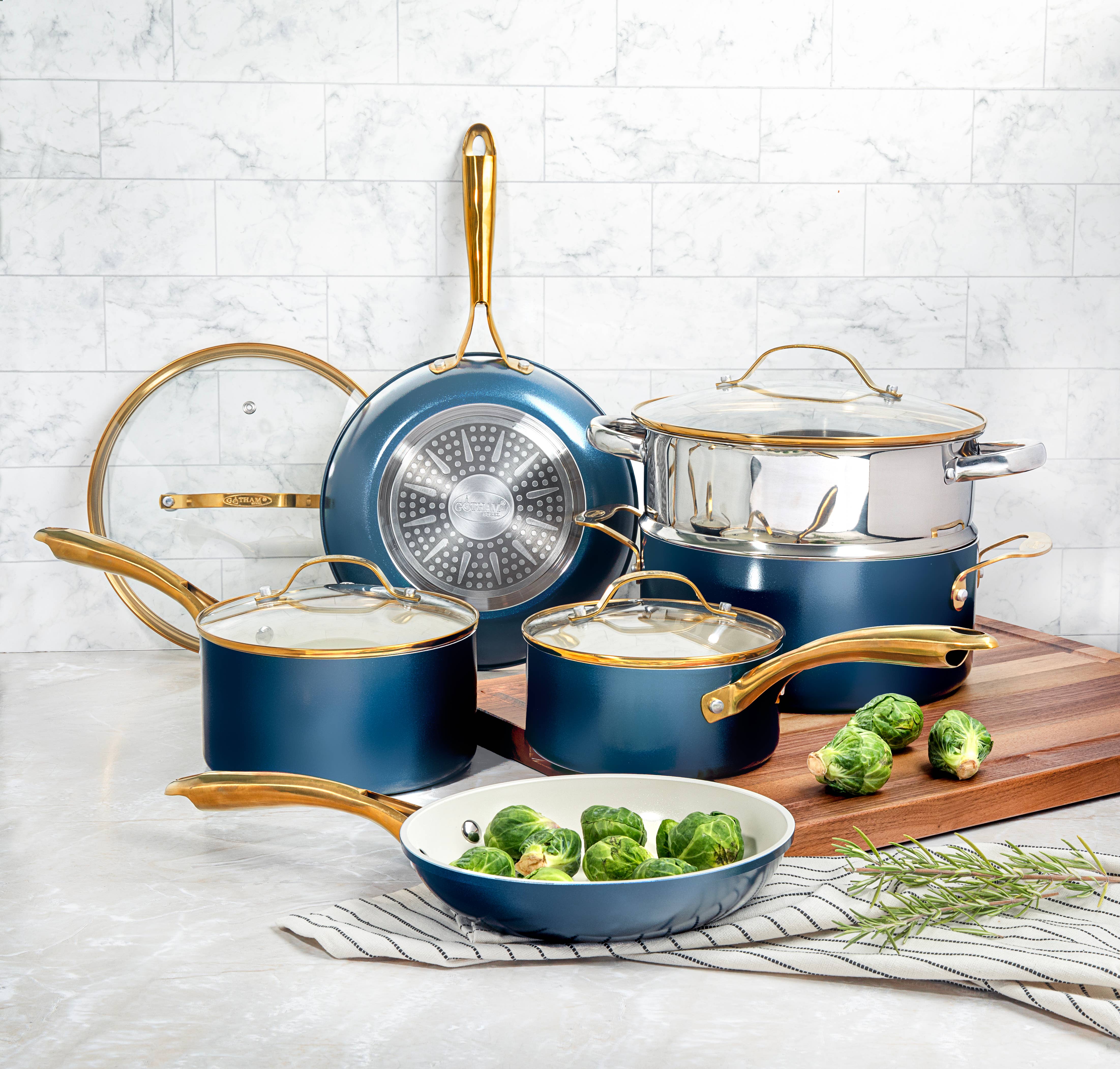 Gotham Steel/Granitestone – Großhandel Kochset – Gotham Steel Kochgeschirr-Set, 15-teilig, blau/creme mit goldfarbenen Griffen1