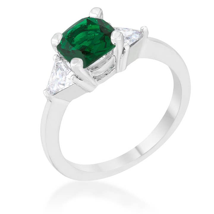 Shonda 1.8ct Emerald CZ Rhodium Cushion Classic Statement Ring for wholesale by JGoodin
