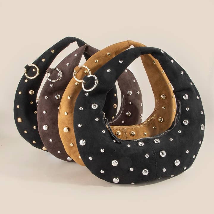 Dome Studded Chrome Crescent Hand Bag and other Purchase Wholesale studded purses. Free Returns & Net 60 Terms on Faire trending on Faire.