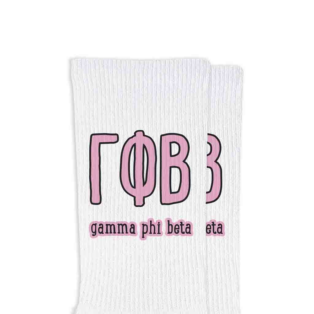 White Sorority Crew Socks with Name and Letters in Sorority Colors for wholesale on Faire13