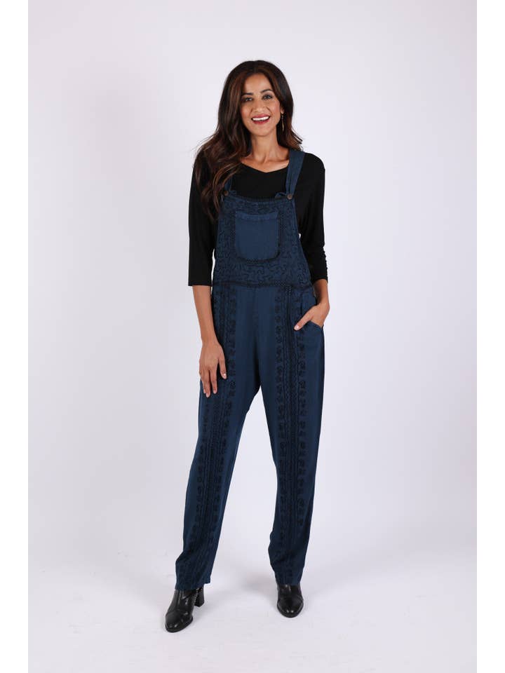 Sacred Threads - Wholesale Overalls - Women's - Stonewashed Boho Embroidered Overalls: Fall Colors1