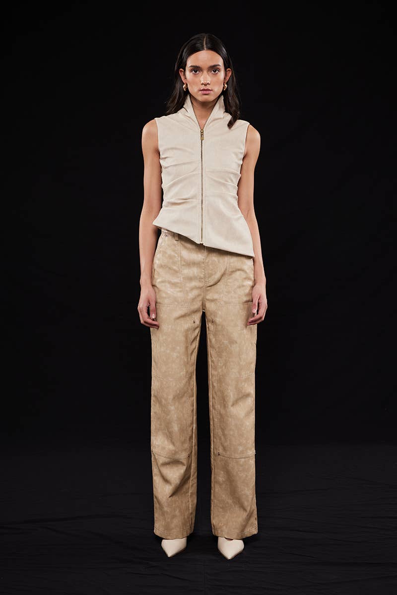 BIEGE ASYMMETRIC PLEATHER MOCK NECK SLEEVELESS TOP-TI6804FO for wholesale on Faire7