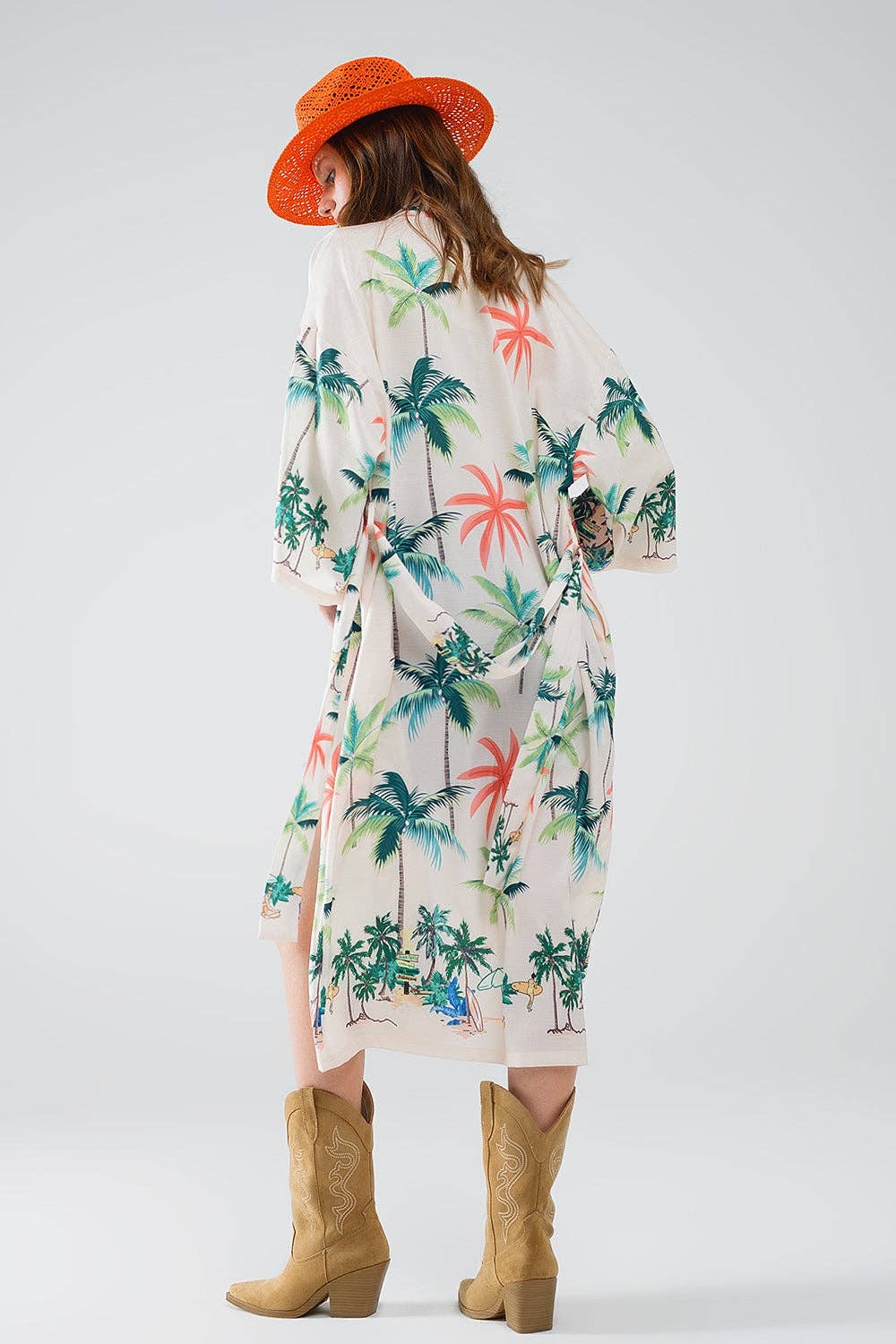 Beige Cream Open Kimono with Beach Print in Midi Length for wholesale on Faire3