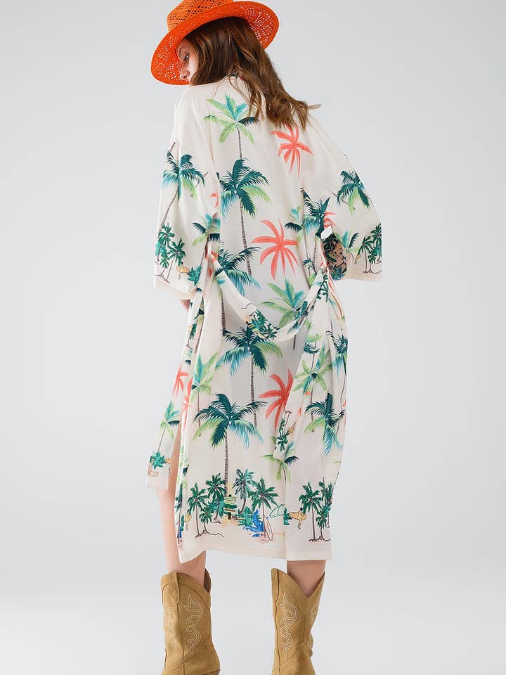 Beige Cream Open Kimono with Beach Print in Midi Length for wholesale on Faire3