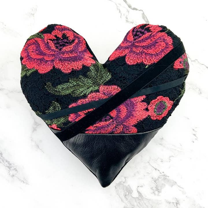 Red and Black Floral Lace Heart Pillow with Lambskin Panel for wholesale by Sumie Tachibana