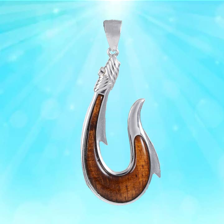 Hawaiian X-Large Genuine Koa Wood Fish Hook Pendant, Sterling Silver Koa Wood Fish Hook Pendant, Christmas Anniversary Birthday Dad Gift for wholesale by Paradise Treasures Jewelry