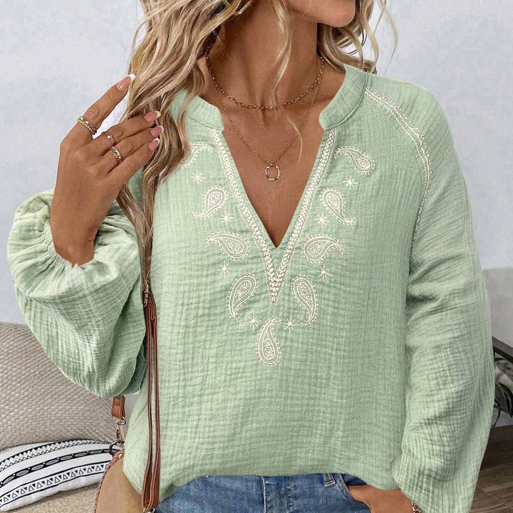 Vintage Chic V-Neck Embroidered Blouse and other Purchase Wholesale embalagens take away. Free Returns & Net 60 Terms on Faire trending on Faire.
