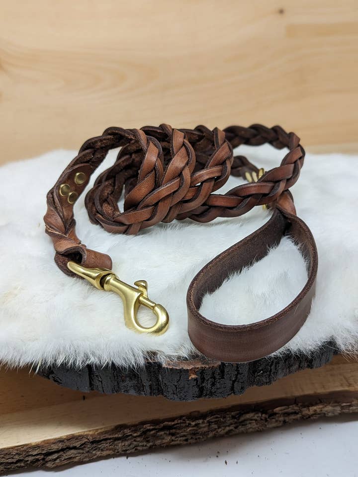 Personalized Braided Leather Dog Leash with Name Plate for wholesale by Frost & Ember Creations, LLC