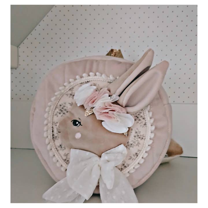 Small round pink velvet rabbit backpack for wholesale by Isathena