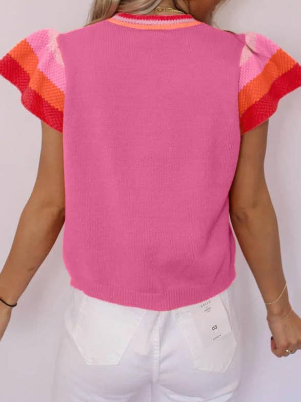 Lovesoft - Wholesale Knit Sweater - Women's - Crew Neck Knitted Top Contrasting Color Sweet Short-sleeved Sweater