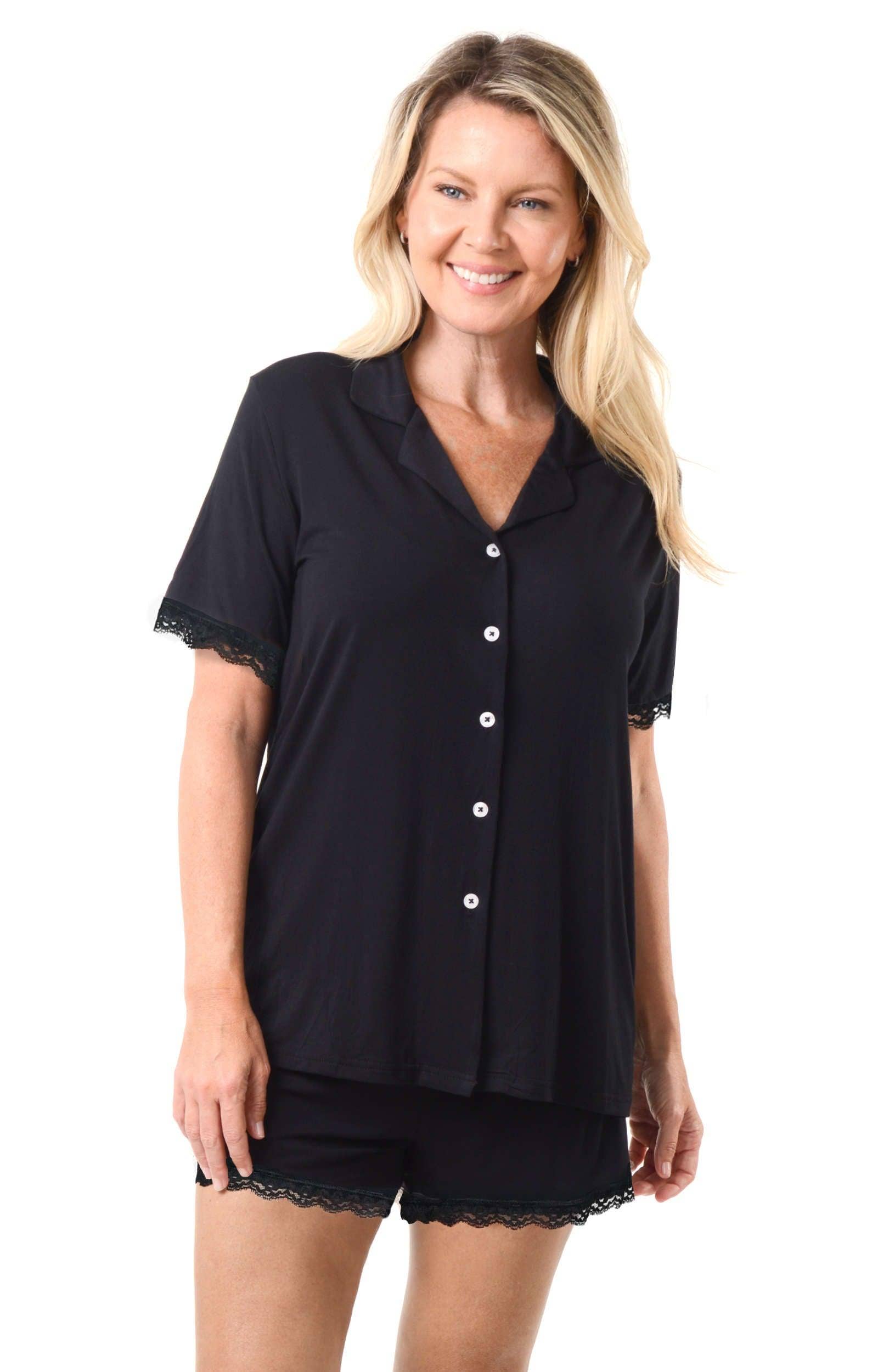 Shapeez - Vente Haut et bas de pyjama – femme - Ensemble de pyjama court en bambou pour femmes avec dentelle1