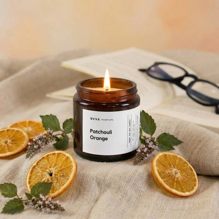 Candela biologica di soia, arancia e patchouli per la vendita all'ingrosso da parte di NAVA